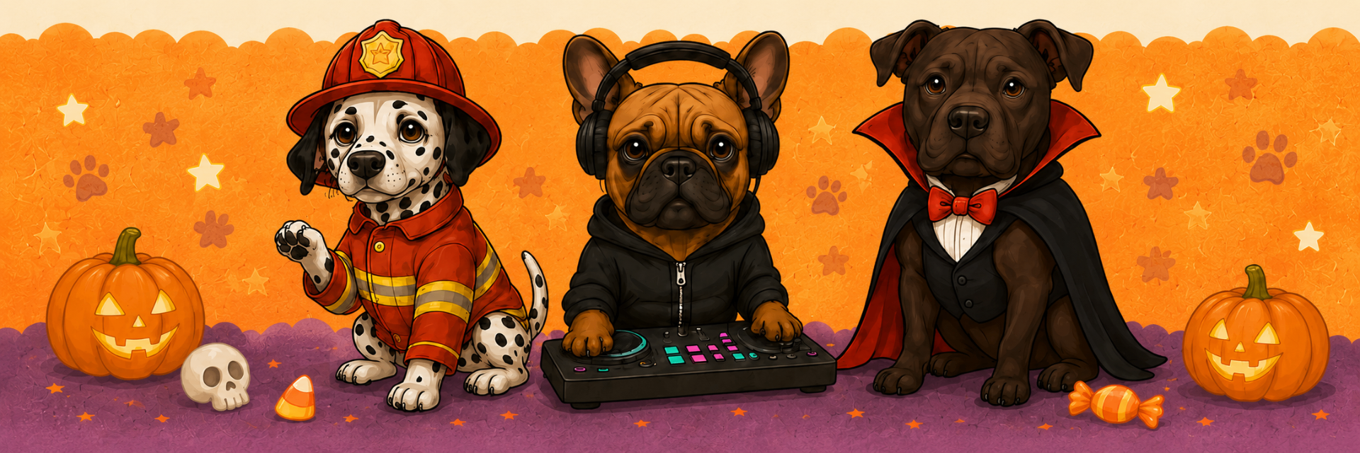 A lineup of costumed dogs including a firefighter Dalmatian, a DJ French bulldog, and a vampire pit bull.